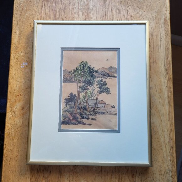 VINTAGE CHINESE LANDSCAPE SCENE PAINTING RED SEAL MARK FRAMED GOLD FRAME GUC - Picture 1 of 9